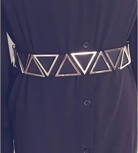 Vista 8 de Cinturón elástico ancho de metal triangular para mujer para vestidos cinturones elásticos con hebilla entrelazada, Oro