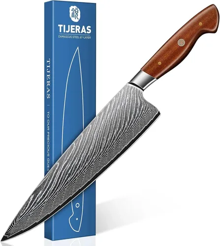 Vista 8 de TIJERAS Cuchillo de chef japonés, cuchillo de cocina Santoku de Damasco, 7 pulgadas, Damasco de 67 capas, cuchillos de chef profesionales afilados