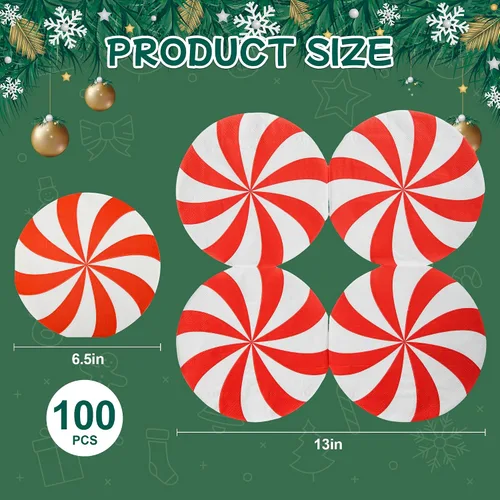 Vista 2 de Servilletas de papel de Navidad, 100 servilletas desechables de caramelo de menta redondas, piruletas de Navidad, decoración de vajilla, servilletas