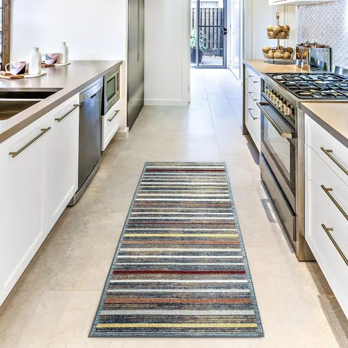 Vista 2 de Everwash Home Dynamix Treasure - Alfombra moderna a rayas lavable a máquina, azul/amarillo, 2.2 x 7.2 pies