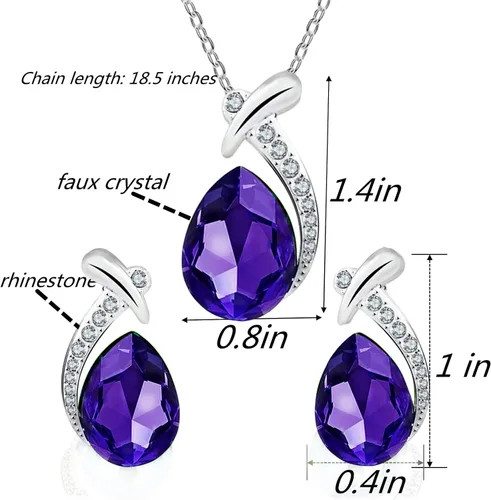 Vista 2 de la luen Collares de piedra natal de lágrima para mujeres y niñas, juego de aretes colgantes de diamantes de imitación ovalados con diamantes
