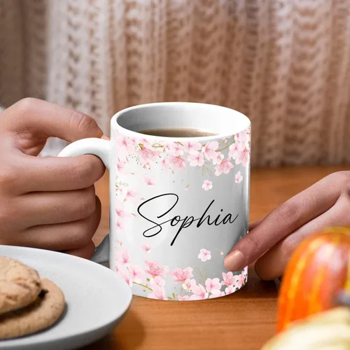 Vista 5 de Taza de café personalizada con nombre de flor de cerezo, taza de café blanca de flor de cerezo, taza de viaje de flor de cerezo, regalo