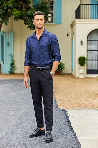 Vista 3 de COOFANDY Camisa de vestir con estampado floral para hombre, camisas de manga larga con botones de cachemira para boda, fiesta, baile de graduación