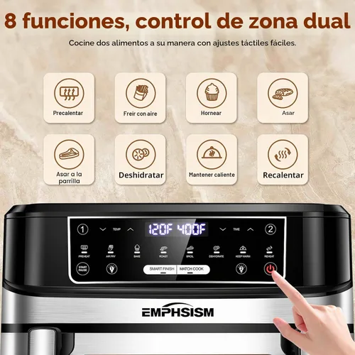 Vista 4 de Emphsism - Freidora de aire grande de doble zona de 12 cuartos de galón con divisor extraíble, 1 Mega Zone de 12 cuartos de galón o 2 zonas