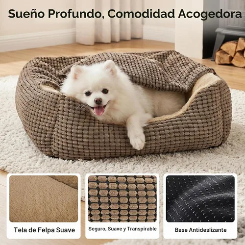 Vista 7 de GASUR Camas para perros pequeños con cueva de cubierta, camas para gatos de interior, cama rectangular con capucha para cachorros con manta Marrón