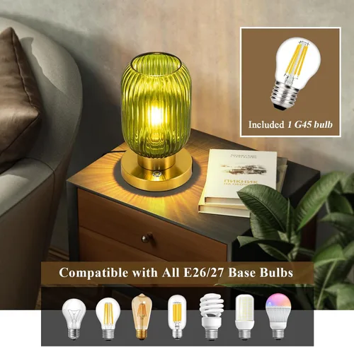 Vista 4 de Lámpara de mesa de cristal para sala de estar, lámpara de noche vintage para dormitorio, lámpara de mesa de noche regulable de 3 vías con control