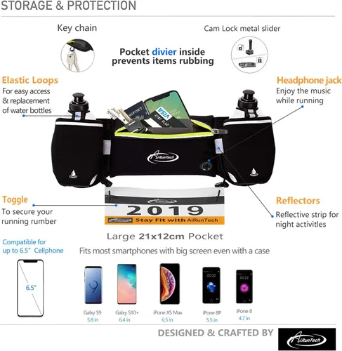 Vista 5 de AiRunTech Cinturón de hidratación para correr con botella de agua, riñonera para teléfono y cartera, bolsa de correr, accesorios esenciales BK+BK