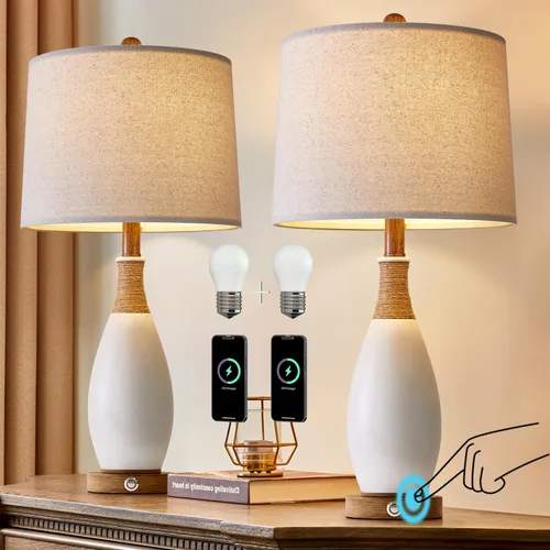 Vista 15 de Lámparas de Mesa Boho de 22" para Dormitorio Sala de Estar Conjunto Mejorado de 2 Lámparas de Mesa de Ratán Medianas Estilo Casa de Campo, Blanco