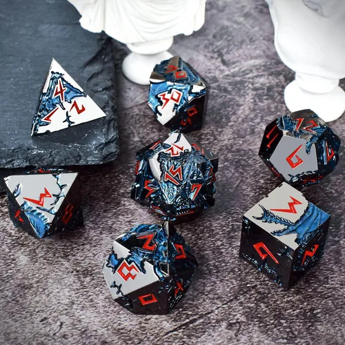 Vista 6 de Rule Dice Dados D&D de 7 Dados de Metal DND, Juego de Dados Metálicos Ponderados de Calabozos y Dragones, Juegos de Dados Poliédricos D y D Grandes