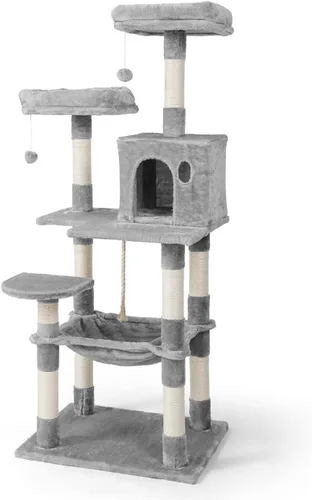 Vista 18 de BOWHAUS Árbol alto para gatos grandes o gatitos de interior, árbol de actividades para gatos de varios niveles con postes rascadores, hamaca