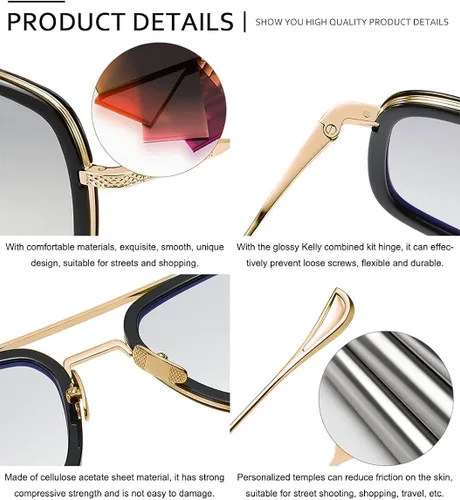 Vista 3 de SHEEN KELLY Lentes de sol de acetato Tony Stark para hombres y mujeres lentes cuadrados de nailon lentes de araña
