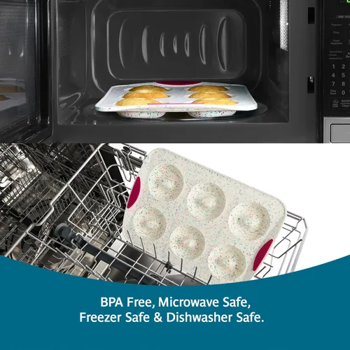 Vista 5 de Trudeau Molde de Donas Jumbo – Molde Antiadherente de 6 Cavidades, Confeti Blanco/Fucsia – Molde de Silicona para Hornear Donas Caseras, Magdalenas