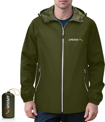 Vista 16 de APEXUP Chaqueta de lluvia empacable para hombre con cremallera reflectante, impermeable ligero, chaqueta de lluvia para hombre para deportes al aire