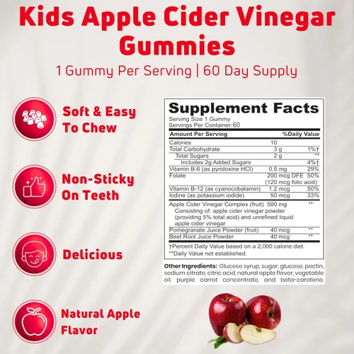 Vista 2 de Gomitas veganas de vinagre de sidra de manzana para niños con madre, 60 porciones, 60 unidades sin gelatina de 500 mg de gomitas ACV. Sin OMG, sin