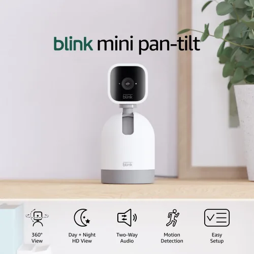 Vista 7 de Cámara Blink Mini con paneo e inclinación (modelo más reciente), Cámara de seguridad, enchufable y giratoria para interiores, audio bidireccional