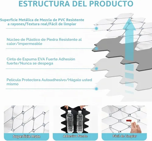Vista 5 de STICKGOO 1 hoja de salpicaduras de pared para despegar y pegar, adhesivos de azulejos compuestos de aluminio Calacatta, salpicaduras autoadhesivas