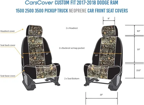 Vista 5 de CarsCover Fundas de neopreno para asiento delantero de automóvil, ajuste personalizado para Dodge Ram 1500 2500 3500 Pickup Truck 2017-2018, fundas