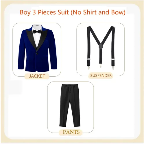 Vista 2 de MAGE MALE Traje de terciopelo de 3 piezas para niños, conjunto de chaqueta de varios colores para boda, graduación, fiesta, esmoquin con tirantes