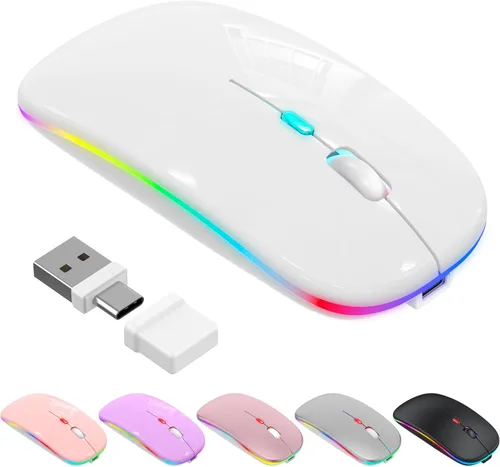 Vista 12 de Mouse inalámbrico Bluetooth para MacBook Air Mac Pro iPad, mouse silencioso recargable LED con receptor USB-A/USB-C de 2.4 GHz y mouse jiggler, Negro