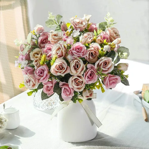 Vista 9 de LESING Flores Artificiales Falsas con Jarrón Rosas Artificiales de Seda Ramos de Flores de Boda Decoración para Hogar Oficina Fiesta Sala