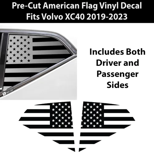 Vista 2 de BOGAR TECH DESIGNS Calcomanía de vinilo precortada con bandera estadounidense para ventana de un cuarto compatible con Volvo XC40 2019-2023, negro