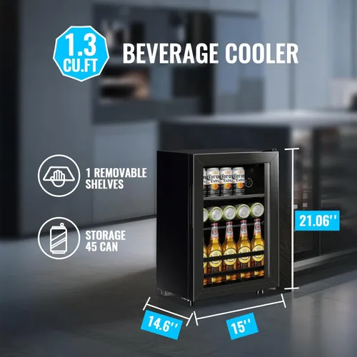 Vista 5 de Refrigerador de bebidas de 1.3 pies cúbicos, mini refrigerador para refrescos, cerveza o latas, enfriador de bebidas personal, 7 modos, estantes