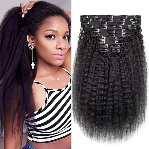 Vista 9 de Extensiones de cabello rizado kinky con clip para mujeres negras 14 pulgadas 2# marrón oscuro extensiones de cabello rizado con clip cabello humano