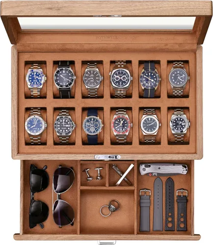 Vista 6 de ROTHWELL Caja de reloj de lujo para 12 relojes, caja de reloj de cuero PU con tapa de vidrio real, cajón deslizable para accesorios con múltiples