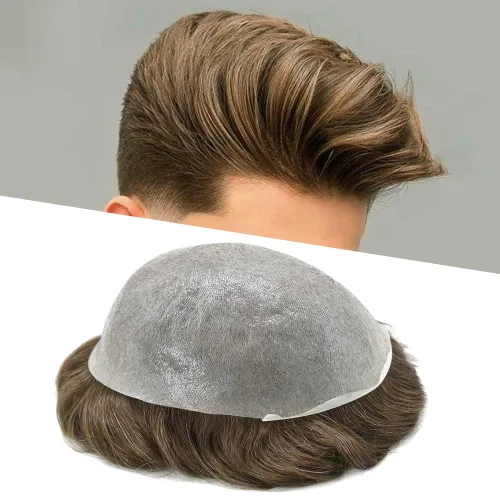Vista 55 de 0.002 in ultra fina piel tupé Remy cabello humano piezas para hombres V-Looped sistema de pelo para hombre tupé pelo tupé para hombres protesis