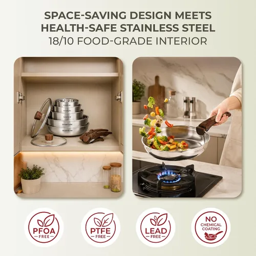 Vista 11 de SUNHOUSE 9pcs 3-Ply Clad Stainless Steel Cookware Set w/Detachable Handle