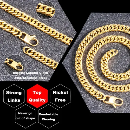 Vista 6 de Tuewut Collar de cadena cubana para hombre, 0.315 in grueso Miami plata oro acero inoxidable hip hop, 1820222426 pulgadas de longitud - con caja