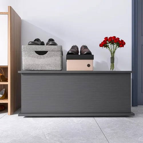 Vista 2 de Banco de almacenamiento de madera, baúl de almacenamiento con tapa abatible con bisagra de seguridad, taburete de cama para dormitorio, banco