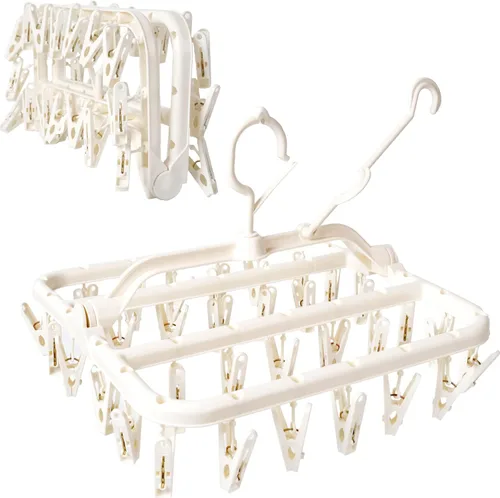 Vista 4 de Foshine Tendederos de ropa plegables con pinzas, colgador de goteo de plástico con 32 pinzas de secado, gancho a prueba de viento, colgador para Azul