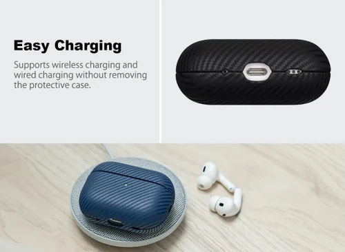 Vista 5 de Haobobro Funda de piel para AirPods Pro 3, piel seleccionada respetuosa con la piel, con textura de fibra de carbono, hecha a mano, funda rígida
