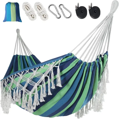 Vista 11 de Bellzacasa Hamaca Doble, Resistente, Capacidad de Carga de 500 lb con Borlas y Tejido de Cola de Pez con Correas de Montaje para Camping al Aire