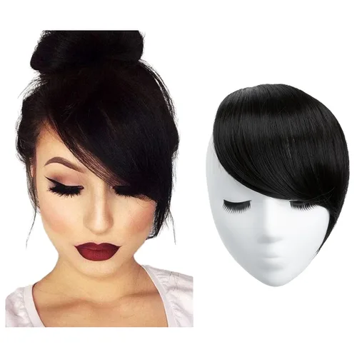 Vista 22 de SARLA Flequillo lateral negro marrón con clip en piezas de cabello sintético, extensión de flequillo recto para mujeres
