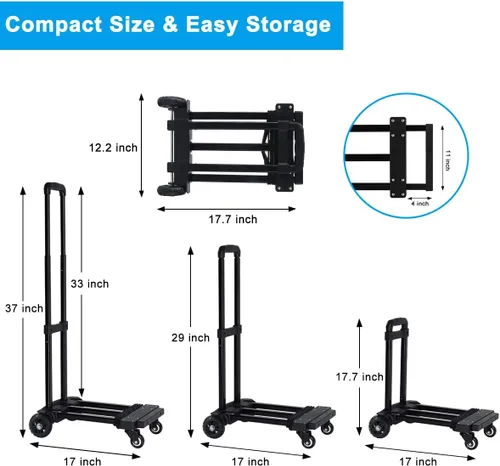 Vista 5 de Camión de mano plegable, carrito de equipaje resistente de 220 libras, construcción sólida de 4 ruedas, carrito plegable portátil, compacto y ligero