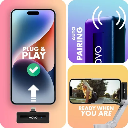 Vista 6 de Movo Micrófono inalámbrico Mini DI Duo - Micrófono de grabación de video para iPhone con micrófono Lavalier, batería de 10 HR, rango de 164 pies