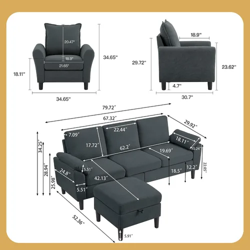 Vista 2 de Juego de 2 sofás para sala de estar, sofás convertibles en forma de L de 3 asientos con otomana y silla decorativa, sofá moderno de lino para Gris