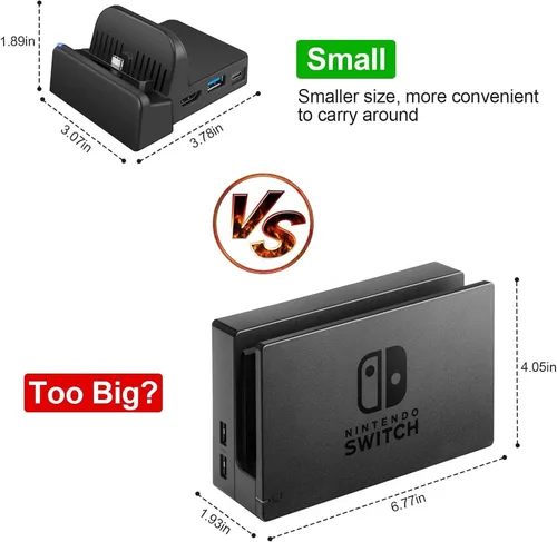 Vista 4 de Switch Dock para Nintendo Switch, estación de acoplamiento portátil Nintendo Switch para TV con puertos de carga HDMI 4K, USB 3.0USB-C, repuesto
