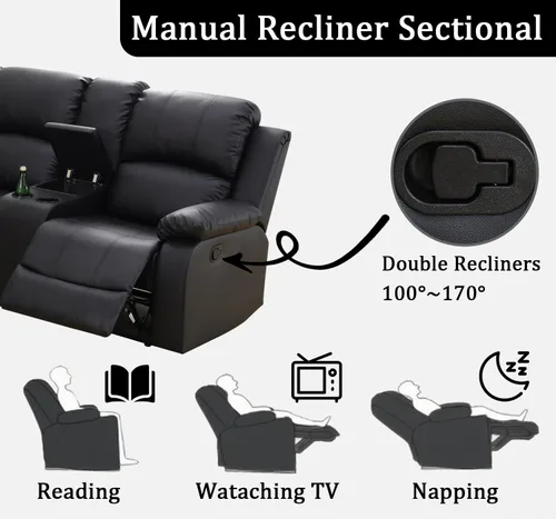 Vista 4 de Juego de sofá modular reclinable manual para sala de estar, sofá reclinable en forma de L, seccional de cuero con portavasos/almacenamiento