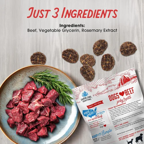 Vista 3 de Dulces de carne seca de res que a los perros de Farmland Traditions les encantan con solo 3 ingredientes y sin rellenos, bolsa de 5 onzas Made in
