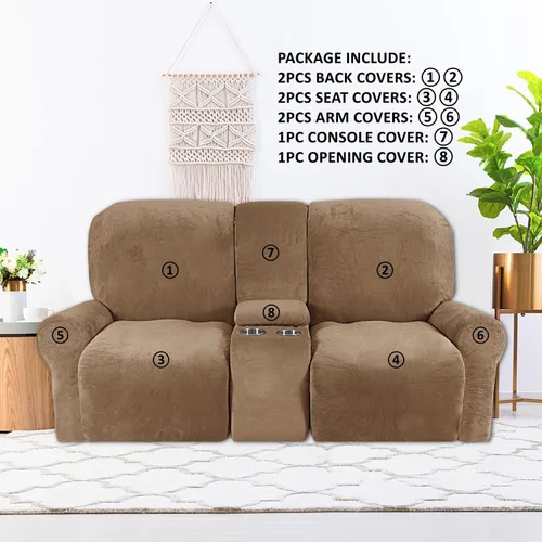 Vista 2 de Aedlcal Funda reclinable para sofá biplaza, 8 piezas de terciopelo elástico para sofá reclinable con consola central, funda de sofá reclinable de 2