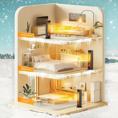 Vista 8 de Calentadores de torre para uso en interiores, calentador eléctrico de chimenea de 750 W/1500 W, llama 3D, calentador y ventilador con oscilación