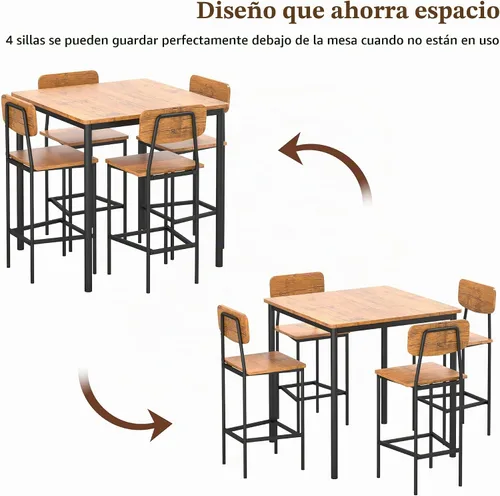 Vista 4 de Juego de mesa de comedor para 4, mesa de cocina de 5 piezas con sillas, juego de comedor industrial resistente que ahorra espacio para pub, cenas