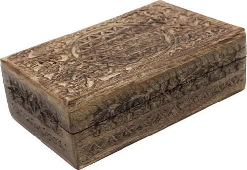 Vista 2 de DharmaObjects Caja de almacenamiento de madera tallada a mano con flores de la vida (natural, grande)