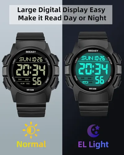 Vista 5 de Beeasy Men Digital Sports Watch,Waterproof Watch with Stopwatch Countdown Timer Alarm Function Dual Time Rubber Strap Wrist Watch for MenStudent