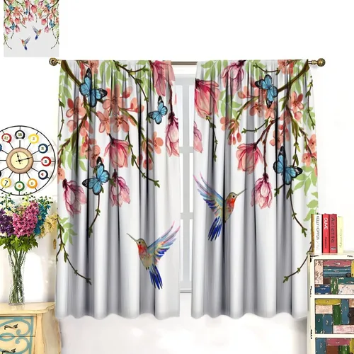 Vista 3 de Cortinas opacas de flores de colibrí, para dormitorio y sala de estar, diseño estético rústico y moderno, juego de 2 paneles, 42 x 45 pulgadas