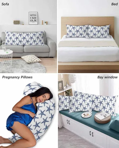 Vista 6 de Juego de 2 fundas de almohada de microfibra azul marino con estrellas de mar de playa tamaño estándar, fundas de almohada lumbares decorativas