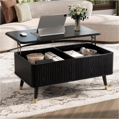Vista 21 de SULIVES Mesa auxiliar ovalada con almacenamiento, mesa de centro multifuncional con tambor elevable, pequeña mesa central acanalada para sala
